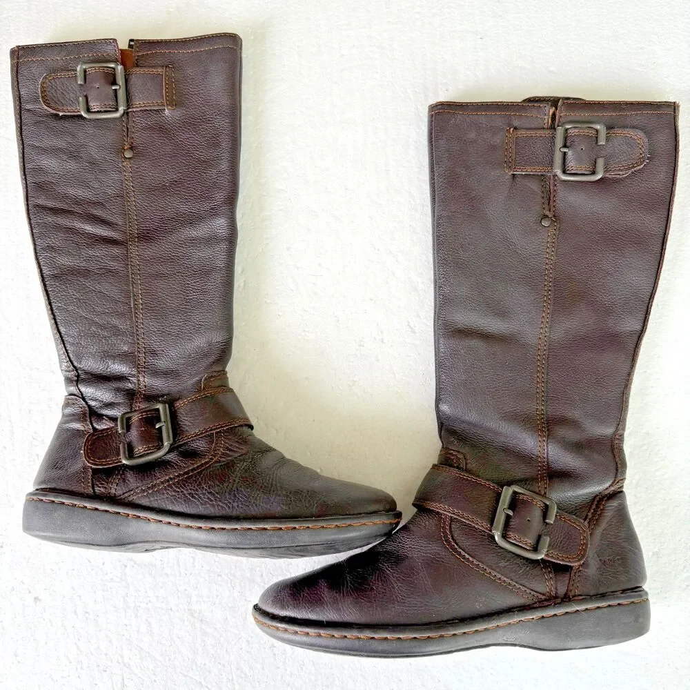 Size 7M - B.O.C. Born Women Knee High Brown Leather Riding Boots Buckle Zip